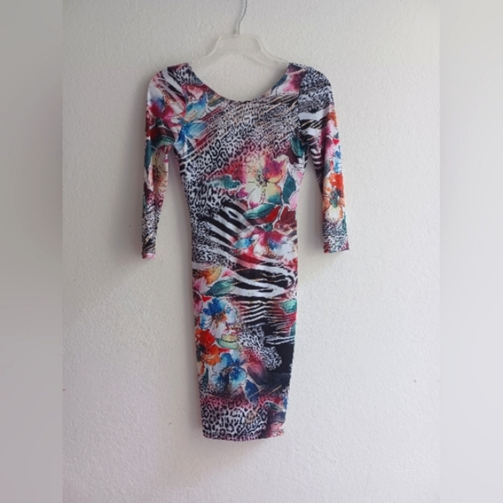 Body Central tropical floral leopard  multicolor long sleeve bodycon dress, S